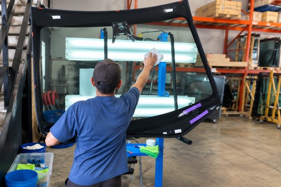 Bus windshield vertical installation with zero sag adhesive