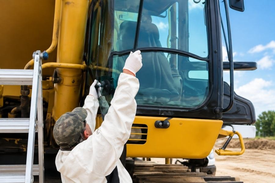 Construction machinery glass adhesive installation in excavator cab