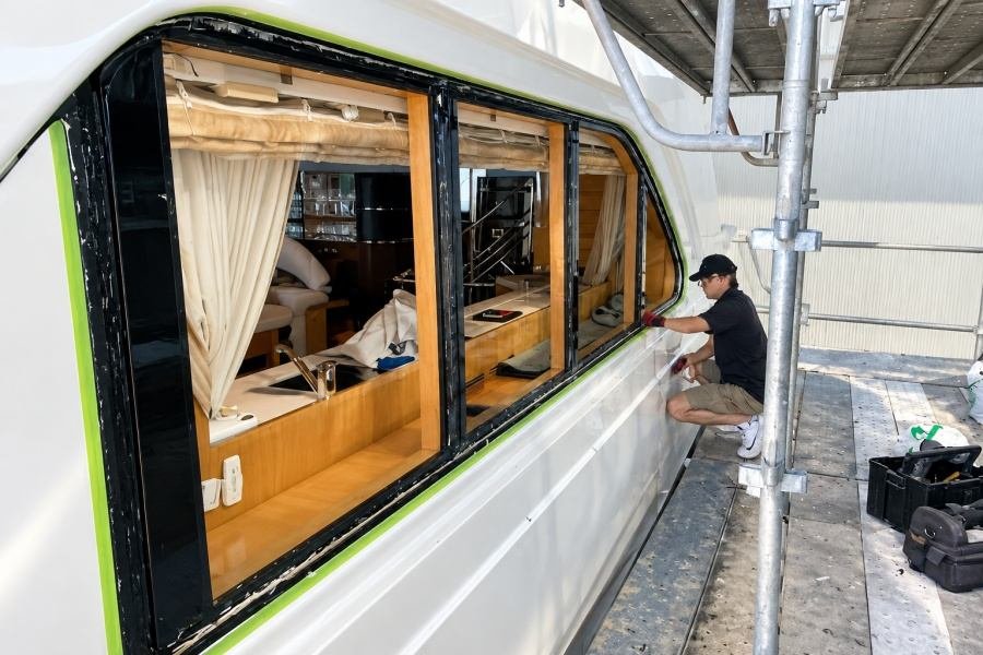 Marine glass sealant vessel window installation